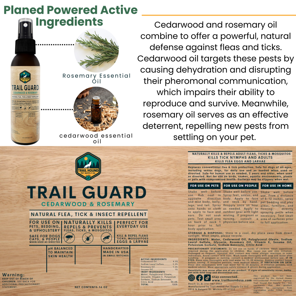 Trail Guard Extra Strength Plant Based Flea, Tick & Insect Spray for Dogs, People, & Home (Cedarwood & Rosemary) - 4oz Bottle